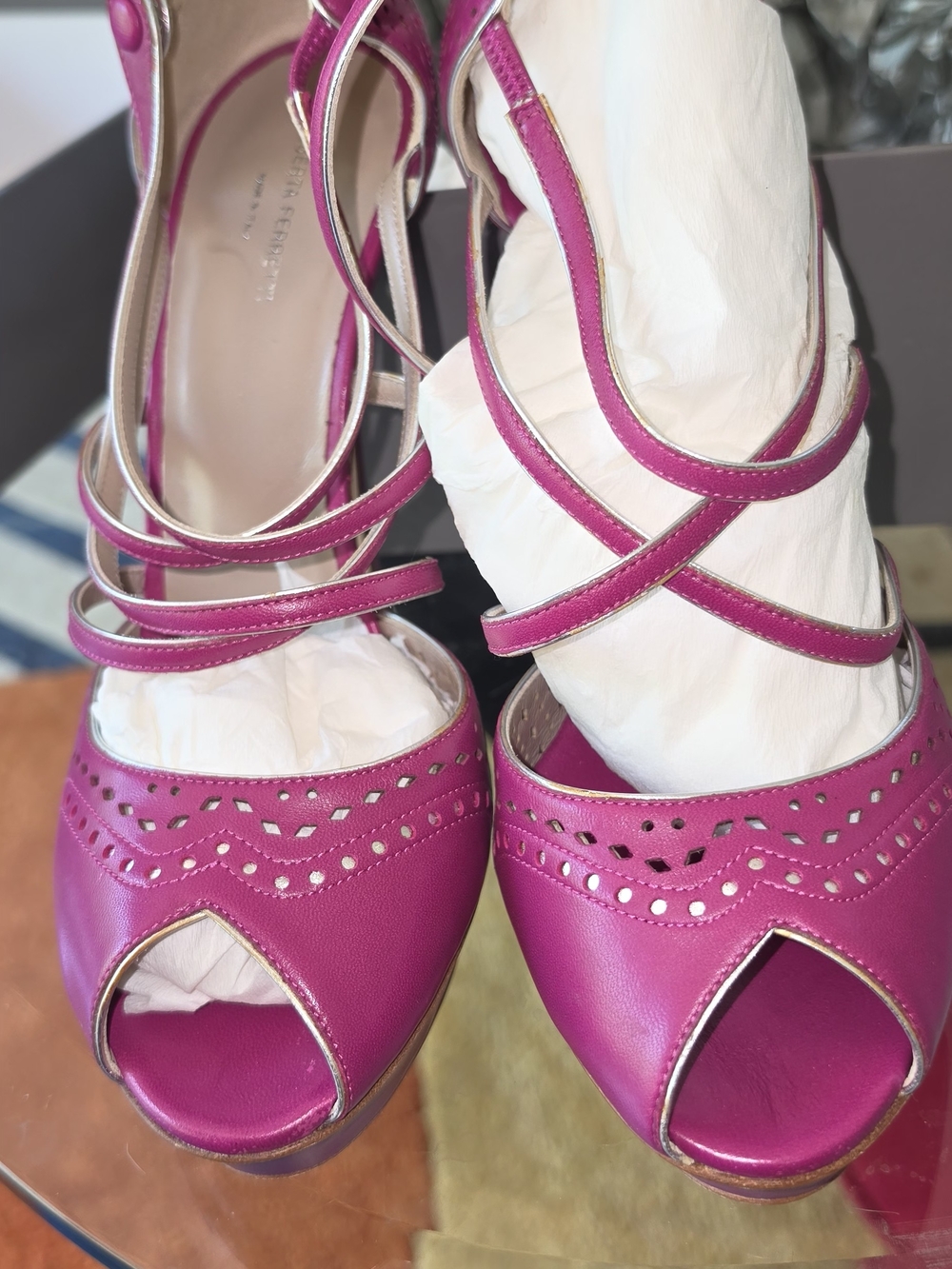 Alberta Ferretti Magenta Peep-Toe Strappy Heels